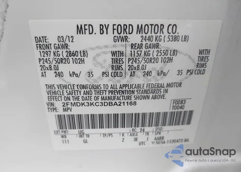 2013 Ford Edge Limited z USA, uszkodzony, nr VIN 2FMDK3KC3DBA21168